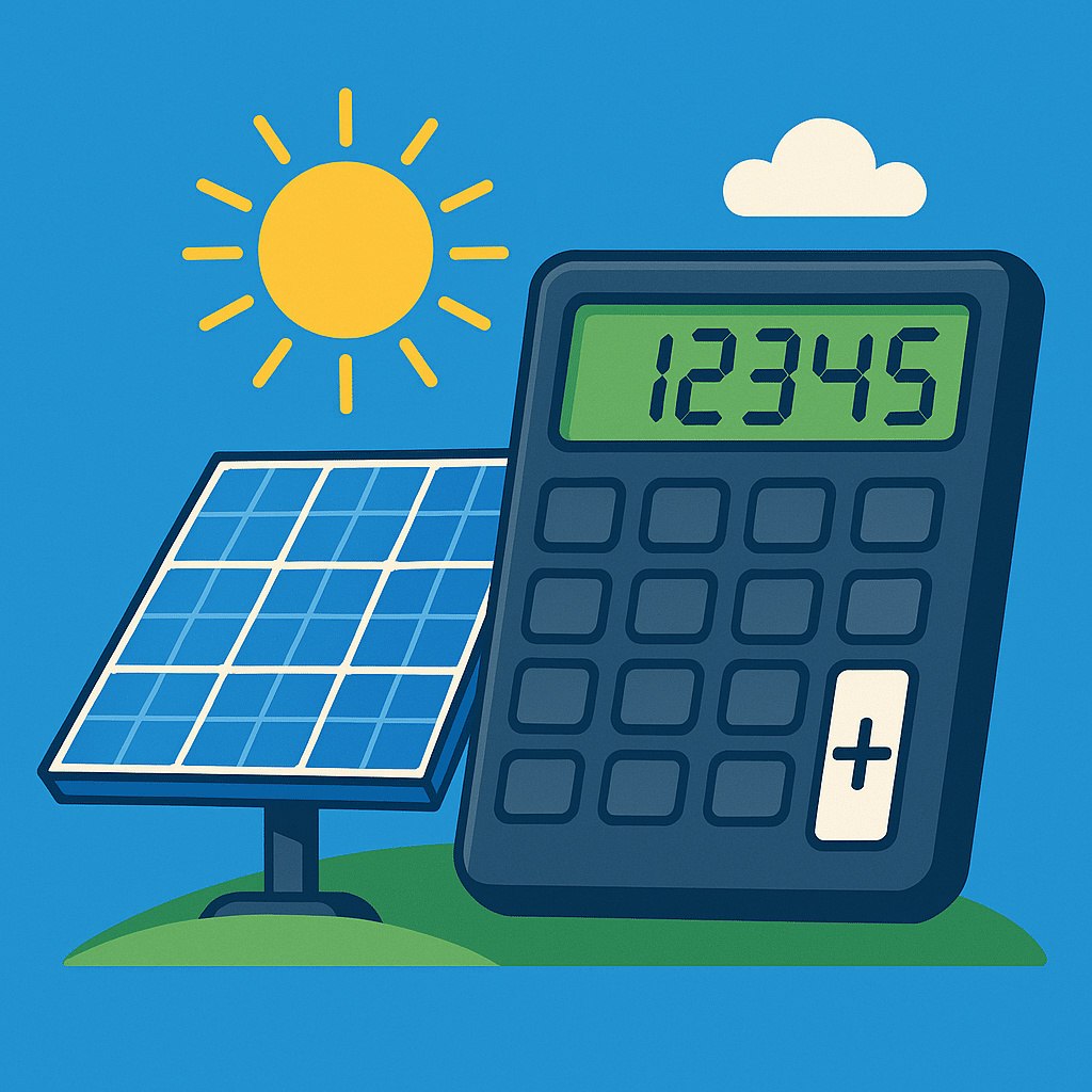Sonnenkollektor neben einem Taschenrechner mit der Anzeige 12345 auf blauem Hintergrund, symbolisiert die Berechnung erneuerbarer Energiequellen.