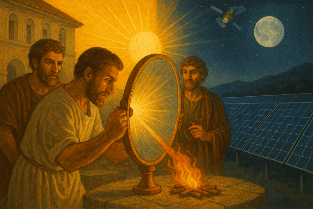 Drei antike Philosophen beobachten, wie Lichtstrahlen durch einen Spiegel auf ein Feuer gelenkt werden, während im Hintergrund Solarzellen und der Mond erkennbar sind. Die Szene verbindet wissenschaftliches Experimentieren mit modernen Elementen der erneuerbaren Energie.